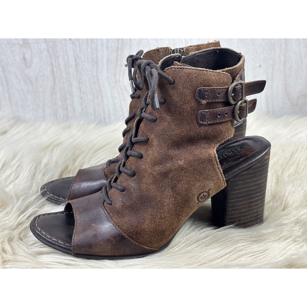 Born Blane Peep Toe Booties Brown Leather Suede Lace Up Boho Womens 8M - Picture 2 of 10